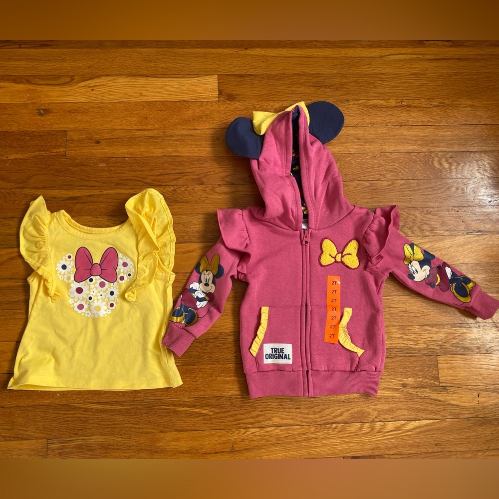 NWT Disney Minnie Mouse Pink Hoodie and Yellow Shirt Set 2T